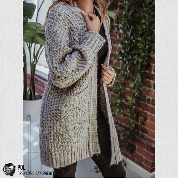 POL CHUNKY CABLE KNIT DUSTER CARDIGAN SWEATER HEATHER GREY WOMEN’S SIZE MEDIUM - Picture 15 of 15